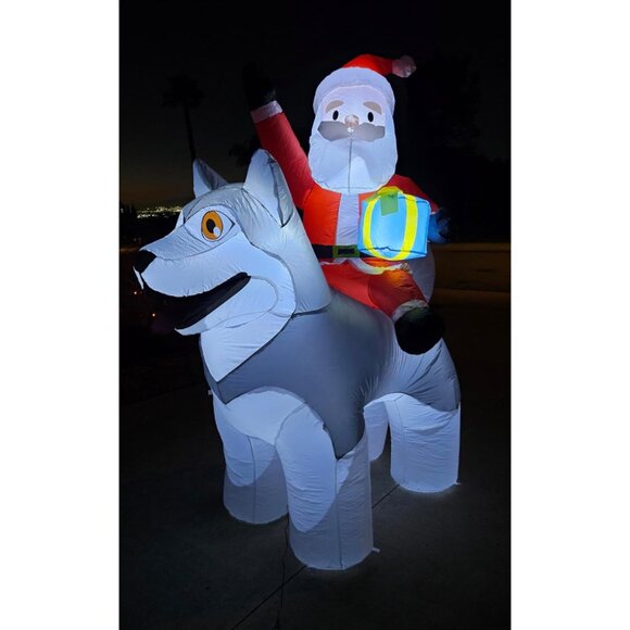 🆕8×7FT  Christmas Inflatable Santa Riding Husky Dog Outdoor Decoration - Picture 1 of 8